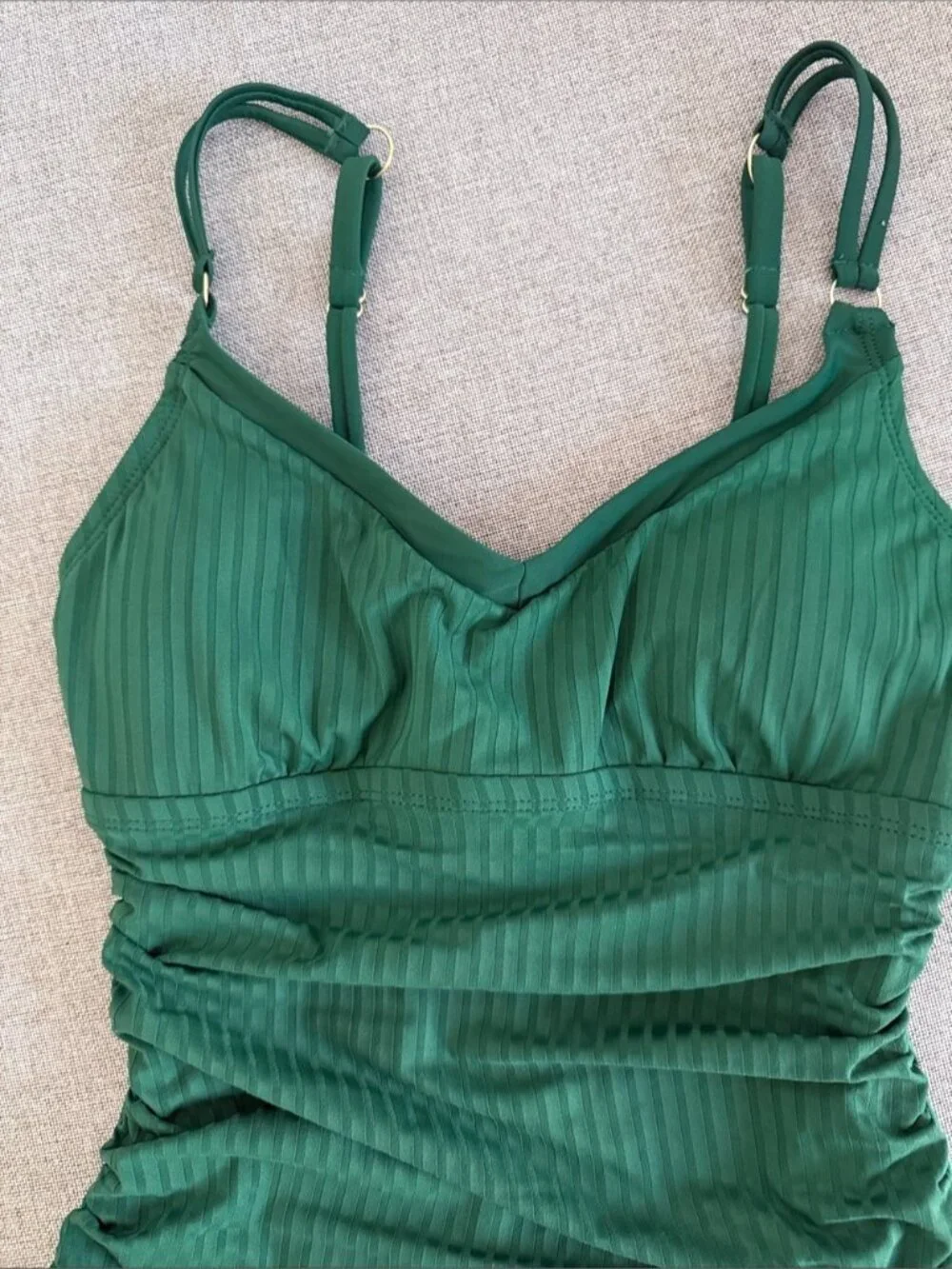 Ellen Tracy Emerald Green Ribbed One Piece Swimsuit Ruched Size XS